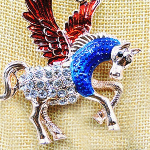 Winged Pegasus Red, Blue,Clear Rhinestone Necklace - Betsey Johnson - Picture 6 of 6